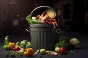 Uneaten unused spoiled vegetables thrown in the trash container. Food loss and food waste. Reducing wasted food, composting, rotten veggies in a trash. . photo