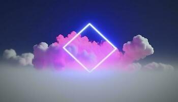 3d render, abstract minimal background with pink blue yellow neon light square frame with copy space, illuminated stormy clouds, glowing geometric shape, generate ai photo