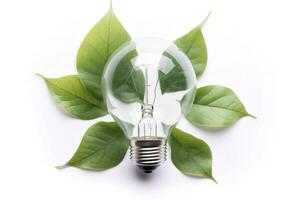 Eco-friendly lightbulb from fresh leaves top view, concept of Renewable Energy and Sustainable Living, created with technology photo