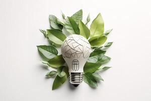 Eco-friendly lightbulb from fresh leaves top view, concept of Renewable Energy and Sustainable Living, created with technology photo