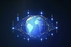 Global network on Earth concept. 3D rendering, World map point. Big data analytics and business concept, world map point and line composition concept of global business, generate ai photo