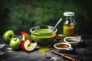 Sauces, apple and green measuring tape on grunge background. Diet concept, generate ai photo