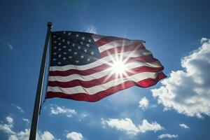 retroiluminado nosotros nacional bandera volador y ondulación en el viento terminado gris Tormentoso nublado cielo, símbolo de americano patriotismo, bajo ángulo, generar ai foto