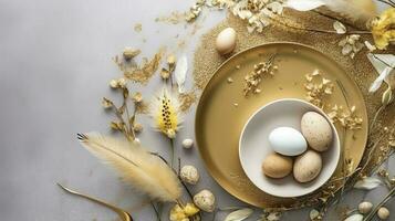Easter table setting with bunny and golden eggs. Top view, generate ai photo