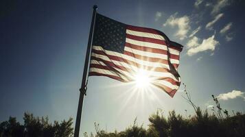 Backlit us national flag flying and waving in the wind over gray stormy cloudy sky, symbol of american patriotism, low angle, generate ai photo