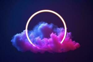 3d render, abstract cloud illuminated with neon light ring on dark night sky. Glowing geometric shape, round frame, generate ai photo