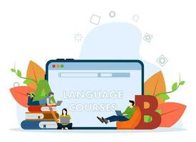 foreign language online learning, girls and boys for language learning gadgets, online study via website, communication with foreigners via Internet vector, Flat vector illustration.