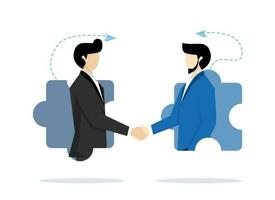 Businessmen shaking hands on a jigsaw puzzle. Business agreement partners or coordination cooperation. Building relationships leads to success. Successful business deals, contracts or negotiations. vector