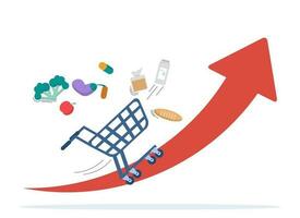 Rising commodity prices. Concept of crisis and rising commodity prices. Inflation recession. Graph of rising consumption goods prices. flat vector illustration on white background.