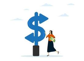 Money decision, buy or rent, pay debt or invest, choose the best earning asset, investment choice or option for profit, female investor confused holding money coin choosing dollar direction sign. vector