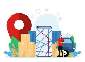 Parcel delivery service, delivery service, customer home delivery service by Van. track package position. fast delivery service. Online delivery via mobile app. flat vector illustration.