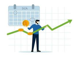 DCA, Dollar-Cost Averaging, is a form of investment. at the average cost by continuing to invest in each period with the same investment amount. flat vector illustration on a white background.