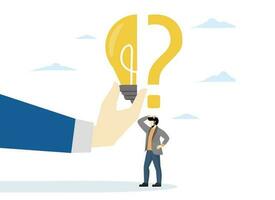 Business problem, idea, job and career path concept, decision making and solution, confused businessman standing with question mark then helping put half light bulb for bright solution. vector