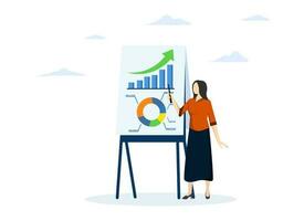 Financial data analysis report, statistical or economic research concept, businessmen presenting graphs and charts on board in meeting. flat vector illustration on a white background.