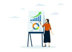 Financial data analysis report, statistical or economic research concept, businessmen presenting graphs and charts on board in meeting. flat vector illustration on a white background.