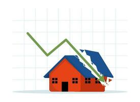 Housing crisis, real estate debt, or falling property prices. Low cost real estate concept. Arrow graphic about house. effect of global recession. flat vector illustration on a white background.