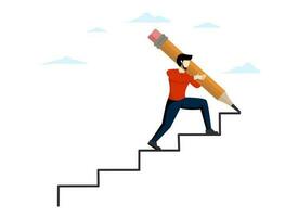 Concept of achieving career path, strategy for achieving business targets, successful business development, smart businessman using big pencil to draw ladder and walking up stairs. vector