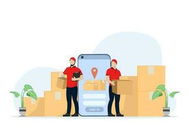 Smart warehouse management system application. Employees log into their phones with a warehouse control app. flat vector illustration on white background.