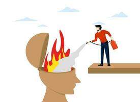 Therapy to cool burning thoughts or anger, cure anxiety and stress concept, relieve fatigue or mental illness, depression, man with fire extinguisher trying to put out fire burning in human head. vector