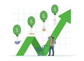 impact on economic growth. Inflation rises due to growth in monetary value. Food price inflation. consumer goods float in hot air balloons. vector illustration.