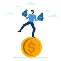 Balanced investment strategy. Balancing risk and reward. Balancing stocks and bonds. Portfolio Asset Classification. Businessman investor balancing as an acrobat on a giant dollar coin. vector