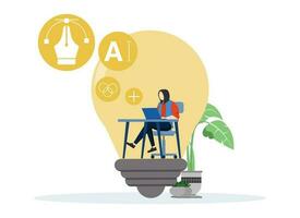 creative idea concept, developing idea or solution for business. Female developer or designer sitting at light bulb with laptop and working on creative project. flat vector illustration.