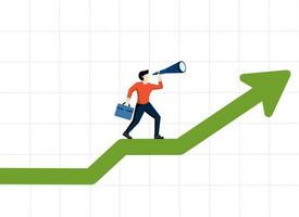 career achievement concept, business vision to see opportunity, investor wealth or profit growth, smart businessman manager using telescope to see future standing on market chart rising arrow. vector