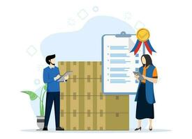 the concept of structuring warehouses, goods through processes or quality management standards. Inventory management with goods demand and supply tiny people concept, flat vector illustration.