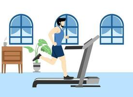 implementing a healthy lifestyle, maintaining a healthy body. A sporty man is engaged in a hall on a treadmill. Running, exercising. Cardio workout. flat vector illustration.