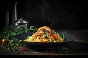 Traditional Italian tagliatelle ai gamberoni pasta with king prawns and herbs served as close-up on a design plate with copy space, generate ai photo