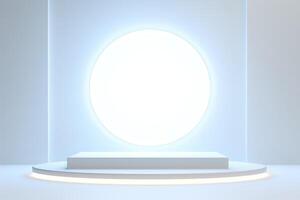 Abstract 3D silver cylinder pedestal podium floating on air with glowing neon ring background. Silver wall scene for product display presentation. rendering geometric platform, generate ai photo