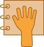 Hand On Spiral Notebook Icon In Orange Color. vector