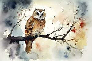 An owl perched on a tree branch in the moonlight watercolor painting, beautiful natural forms, crisp clean shapes, colorful, white background, generate ai photo