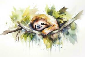 A sloth sleeping on a tree branch watercolor painting, beautiful natural forms, crisp clean shapes, colorful, white background, generate ai photo