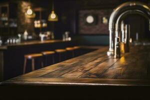 Pub bar counter with wooden table background, generate ai photo