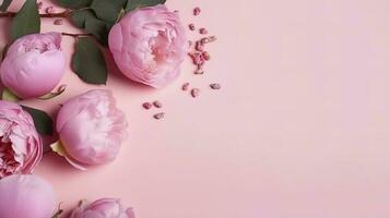 8-march concept. Top view photo of pink peony roses and sprinkles on isolated pastel pink background with blank space, generate ai