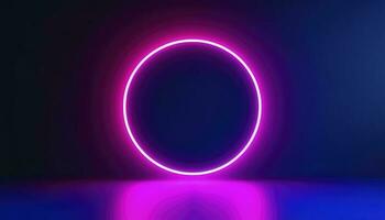 3d render, blue pink neon round frame, circle, ring shape, empty space, ultraviolet light, 80s retro style, fashion show stage, abstract background, generate ai photo