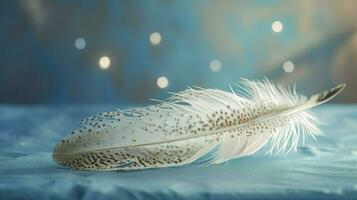 a bright blue background with one white feather, in the style of soft and dreamy pastels, glimmering light effects, nature inspired imagery, fairycore, soft focal points, generate ai photo