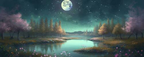 night landscape environment harvest moon over a glittering lake lush vegetation birchwood trees, flowers, magical galaxy. 3d drawing digital art, generate ai photo