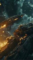 Cinematic Still, intense space battle between two massive battleships, starry sky, nebulae, galaxies, HDR futuristic space battleship destroyers traveling through an asteroid field, generate ai photo