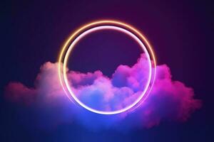 3d render, abstract cloud illuminated with neon light ring on dark night sky. Glowing geometric shape, round frame, generate ai photo