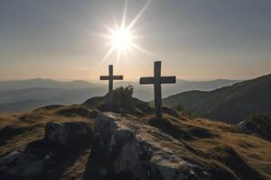 Three cross on the mountain with sun light, belief, faith and spirituality, crucifixion and resurrection of Jesus Christ at Easter, photo