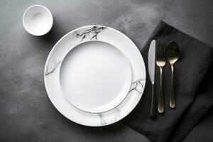 White plate and cutlery on stone table. Table setting, flat lay image, generate ai photo