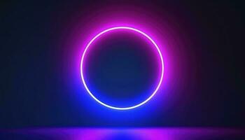 3d render, blue pink neon round frame, circle, ring shape, empty space, ultraviolet light, 80s retro style, fashion show stage, abstract background, generate ai photo