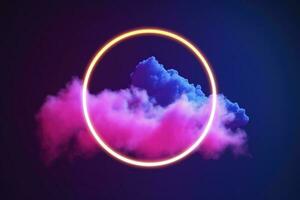 3d render, abstract cloud illuminated with neon light ring on dark night sky. Glowing geometric shape, round frame, generate ai photo