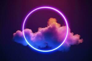 3d render, abstract cloud illuminated with neon light ring on dark night sky. Glowing geometric shape, round frame, generate ai photo