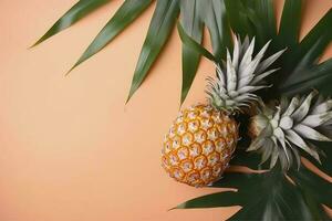 Top view of fresh pineapple with tropical leaves on pastel orange background. , generate ai photo