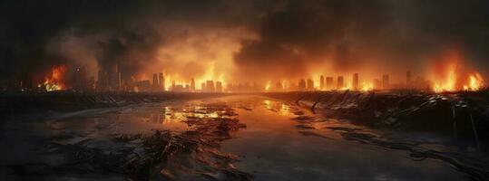 Post apocalypse. Nuclear apocalypse survivor. Ruined Cityscape. Concept. Banner size. Header, A nuclear explosion in the center of the metropolis. The beginning of apocalyptic, generate ai photo