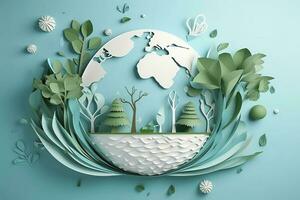 Paper art , Ecology and world water day , Saving water and world Environment day, environmental protection and save earth water , Generate Ai photo