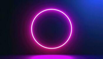 3d render, blue pink neon round frame, circle, ring shape, empty space, ultraviolet light, 80s retro style, fashion show stage, abstract background, generate ai photo